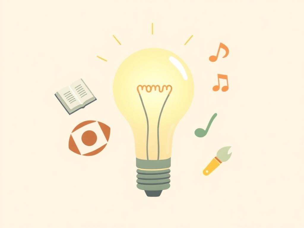 A glowing lightbulb surrounded by icons for books, sports, music and art